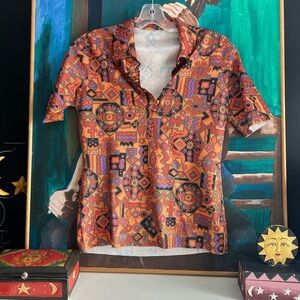 Vintage Vibrant Orange Geometric Blouse Small
